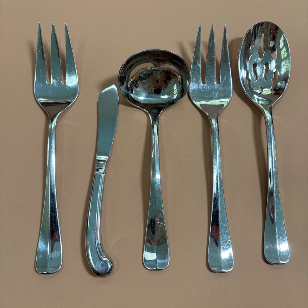 Gorham Colonial Tipt Glossy Stainless Hostess Serving Set Forks Ladle Spoon 5pc